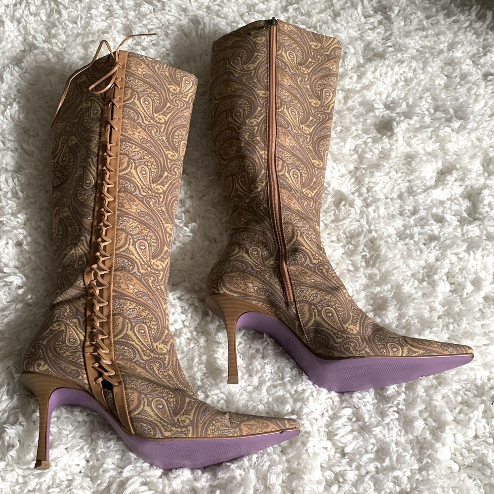 Original Suzanne Somers tan/brown paisley high heel, zip up knee high boot.